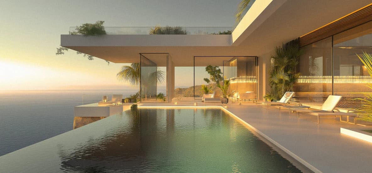 Nestview villa at golden hour, infinity pool over the sea